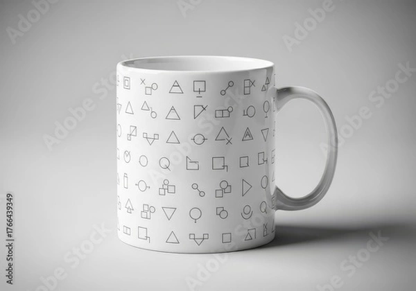Fototapeta White Mug with Black Geometric Shapes on Soft Gray Background