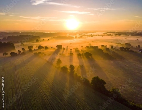 Obraz Aerial view of a radiant sunrise over misty fields and trees