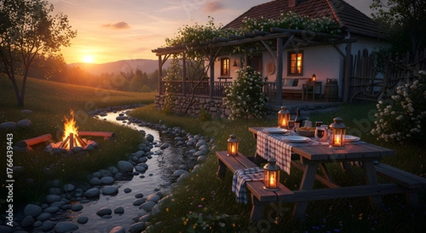 Fototapeta Charming rustic cottage by a tranquil stream at sunset, with a cozy campfire and an inviting picnic table, creating a peaceful golden hour outdoor scene