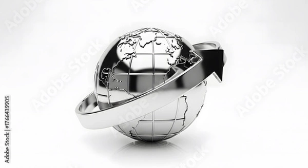 Fototapeta Metal globe with upward arrow symbolizing global business growth