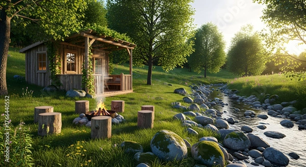 Fototapeta Rustic cabin by a tranquil stream and warm campfire, surrounded by lush green forest under a peaceful sunset, offering a serene nature escape