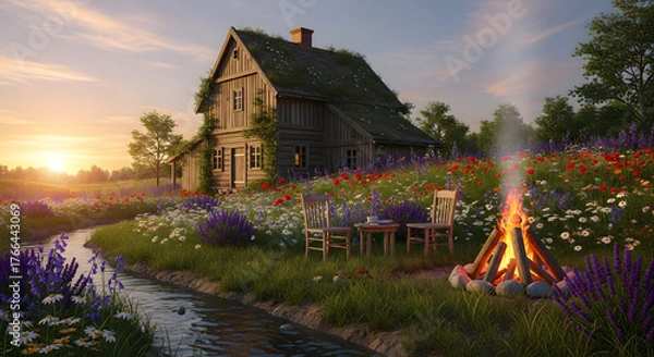 Fototapeta Charming rustic cottage nestled in a vibrant wildflower meadow, with a cozy campfire flickering by a tranquil stream at breathtaking sunset, an idyllic rural escape