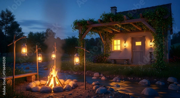 Fototapeta Enchanting twilight ambiance with a crackling campfire, glowing lanterns, and a tranquil stream beside a cozy rustic cabin, perfect for a peaceful evening escape