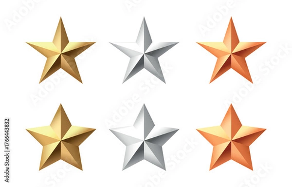 Fototapeta Golden, bronze, silver glossy metallic stars 3d realistic style. 1, 2, 3 place symbols transparent background