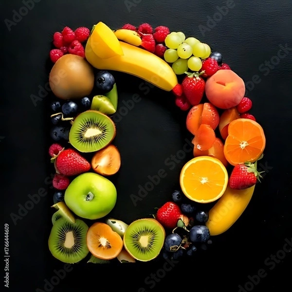 Obraz Colorful fruit pieces arranged into the shape of the letter D