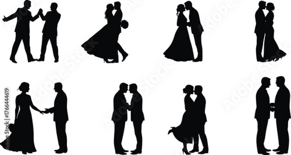 Fototapeta Couple silhouettes, wedding poses, romantic illustration, bride and groom artwork, love silhouettes, dancing couple, intimate design, marriage artwork, romantic embrace, silhouette art