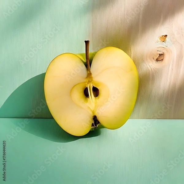 Obraz Cross-section of a fresh apple, resting on a green and wood surface