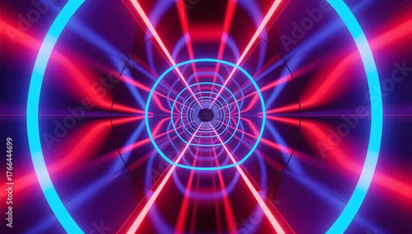Fototapeta Abstract Tech Tunnel with Red and Blue Lights