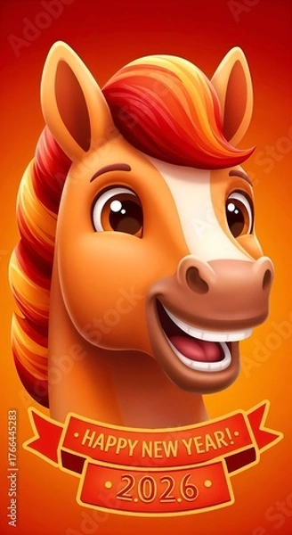 Fototapeta Smiling fire horse symbolizing New Year 2026 with greetings for a happy celebration