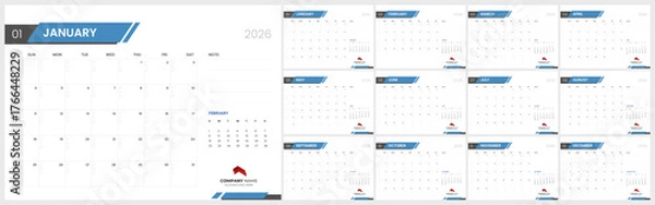 Fototapeta Clean desk calendar template for 2026. Monthly 2026 calendar layout for business.