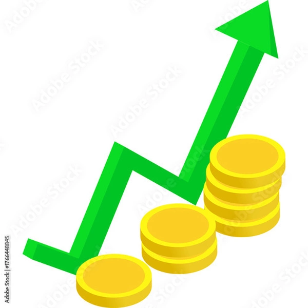Fototapeta Green Arrow Graph Showing Financial Growth With Stacks Of Gold Coins On Transparent Background Isometric Style