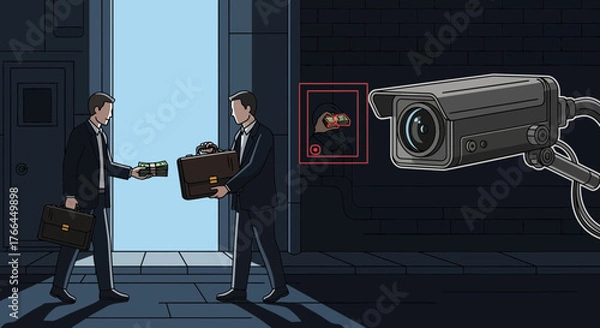 Obraz Illegal Money Exchange Under Surveillance. Businessmen in suits making a shady deal, monitored by a security camera. Bribery & corruption.