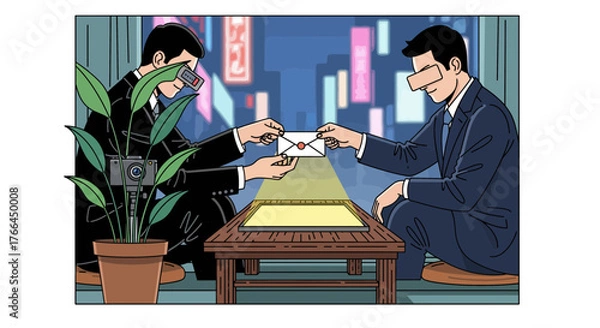 Fototapeta Covert Envelope Exchange with Hidden Surveillance and Blindfolded Participant in a Night City Setting