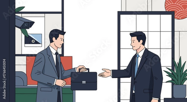 Obraz Professional Business Transaction: Two Businessmen Exchanging a Briefcase in a Modern Office Environment Illustration