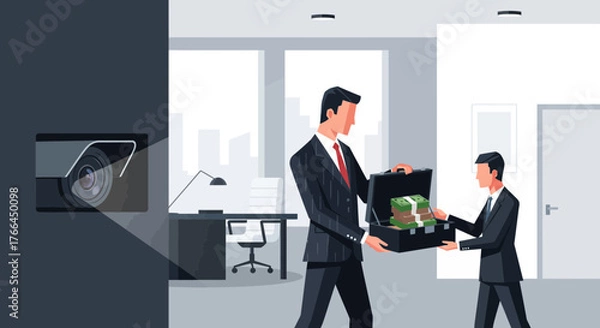 Fototapeta Illegal Business Transaction: Businessmen exchange money in a briefcase, monitored by a security camera in a corporate office.