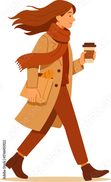 Obraz Flat vector illustration of a stylish woman walking outdoors with coffee and a paper bag. Warm autumn palette, cozy atmosphere — perfect for seasonal, lifestyle, or fashion design projects.
