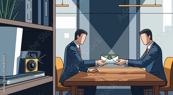 Fototapeta Hidden camera records bribery: Businessmen exchanging money in a secret deal, illustrating corporate corruption.