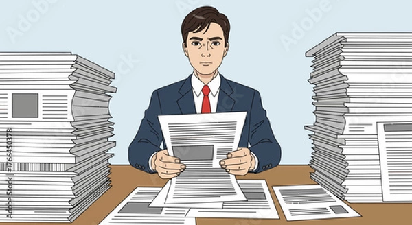 Obraz Overwhelmed Office Worker with Paperwork Illustration