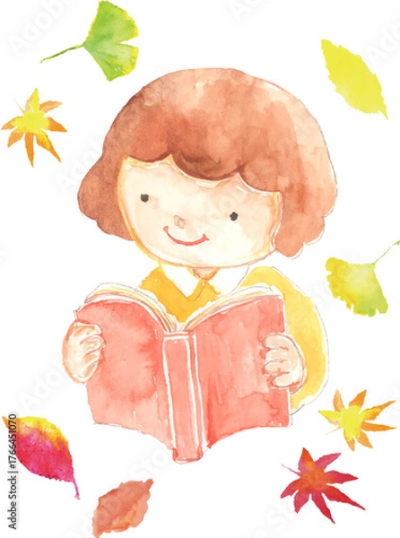 Obraz 読書の秋　本を読む女の子のイラスト　ベクター