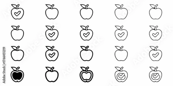 Fototapeta Stylish Apple Icon Set for Healthy Food, Nutrition, and Wellness Projects, Featuring Unique Outlines and Checkmarks for Authenticity and Quality