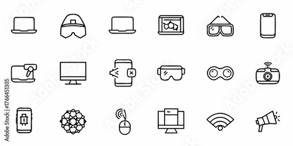 Obraz Modern technology icons showcase digital lifestyle with laptop, VR headset, smartphone, monitor and wifi symbol, ideal for tech startup branding