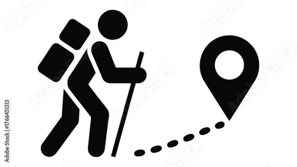 Fototapeta black and white icon of hiker with backpack and walking stick following dotted path toward location marker symbolizing travel and exploration