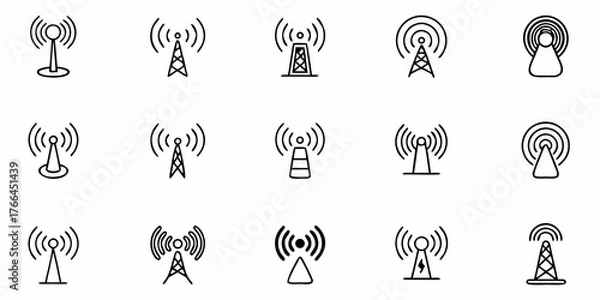Obraz Fifteen dynamic communication tower icons showcase modern connectivity solutions for telecommunications and broadcast industries, ideal for tech design projects