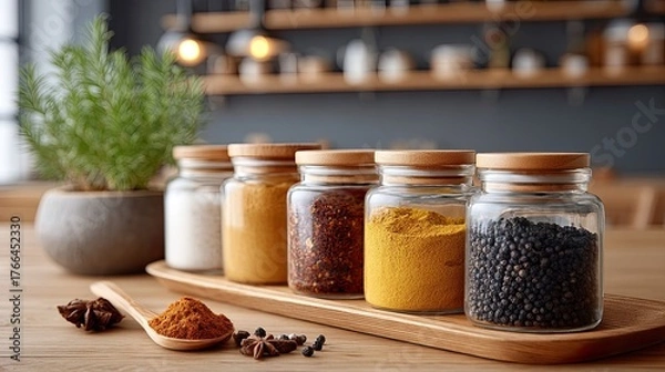 Fototapeta A Detailed Low Angle Photo Of A Wooden Shelf Filled With Glass Jars Of Spices And Herbs Including Black Peppercorns Turmeric And Chili Flakes Alongside A Potted Plant With Soft Natural Lighting