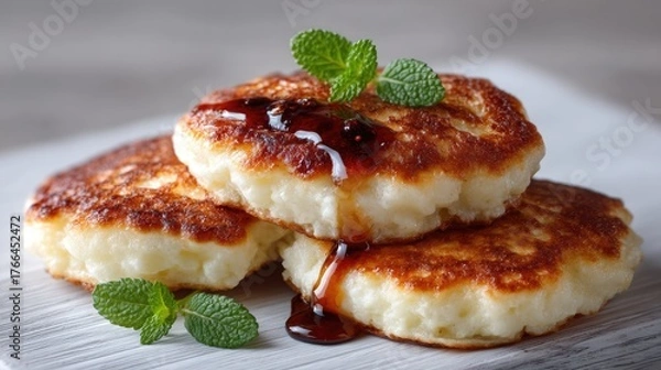 Fototapeta A Detailed Studio Photo Of A Stack Of Fluffy Pancakes Drizzled With Syrup And Garnished With Fresh Mint Leaves On A White Wooden Board With Soft Natural Lighting