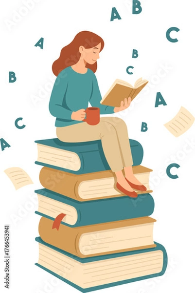 Obraz Flat vector illustration of a woman sitting on a pile of books with a cup of coffee, reading and learning. Perfect for education, studying, literature, or self-development concepts.