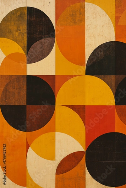 Obraz Mid-Century Geometric Abstract Painting with Circles and Textured Shapes – Vintage Style