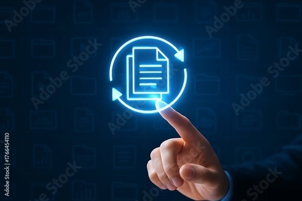 Fototapeta Business hand interacting with renewable data document concept system update transfer information security storage and innovation for efficiency corporate management productivity growth and analysis