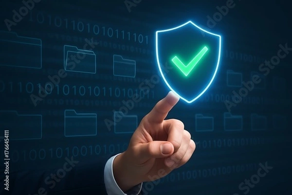 Fototapeta Business hand pressing shield icon representing data security privacy protection encryption technology safety defense network confidentiality and secure communication concept 