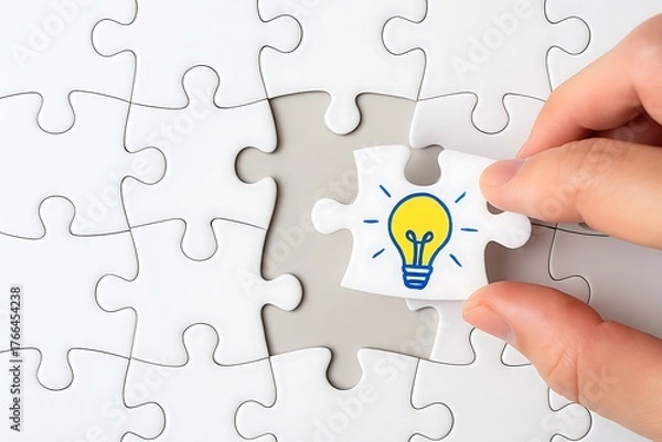 Fototapeta Business hand placing puzzle piece with light bulb representing idea creativity innovation solution thinking concept teamwork achievement strategy creative problem solving and development strategy 