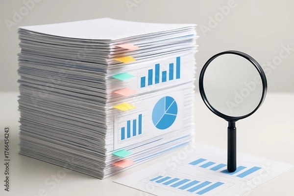 Fototapeta Stack of business documents with financial charts magnifier and analysis concept symbolizing strategy management evaluation data growth discovery information research business organization 