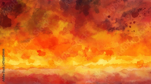 Fototapeta Dramatic watercolor wash textures in shades of orange, red and yellow create a fiery sunset effect