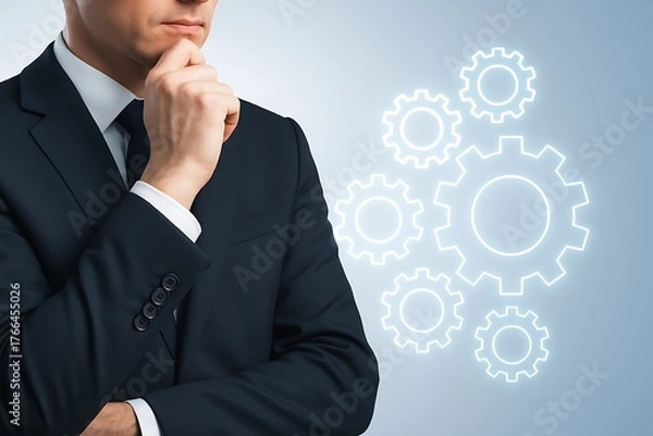 Fototapeta Businessman thinking planning with abstract gear mechanism technology system innovation problem solving process engineering automation concept futuristic modern management development idea.
