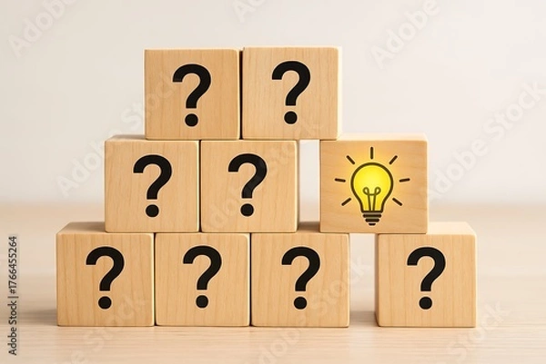 Fototapeta Wooden question mark blocks pyramid with glowing light bulb symbolizing idea innovation thinking creativity knowledge and problem solving concept success business education intelligence inspiration.