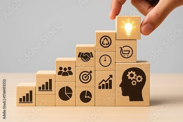 Fototapeta Hand stacking wooden blocks with ideas icons representing creative business success management teamwork strategy innovation and leadership development growth steps inspiration concept progress.