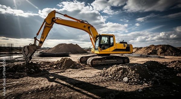 Fototapeta Yellow excavator digging dirt and sand on a construction site under dramatic sky