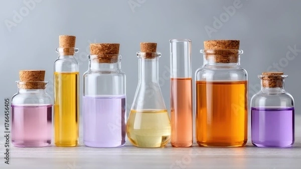 Fototapeta A Laboratory Still Life Featuring Seven Assorted Glass Bottles Filled With Colorful Liquids Amber Yellow Pink Purple Orange Against A Light Gray Background