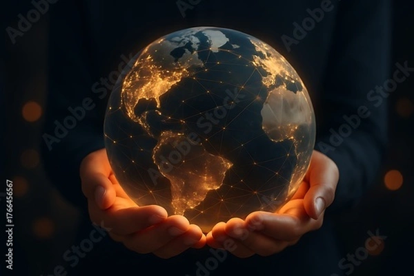 Fototapeta Hands holding glowing digital earth network symbolizing connection globalization progress world technology innovation communication internet network future security global data concept leadership.