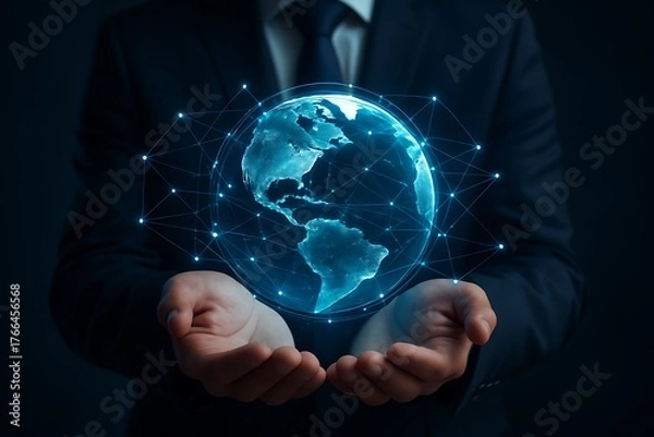 Fototapeta Businessman holding glowing digital earth network in hands symbolizing global connection innovation technology progress communication world map data cyberspace international business future concept