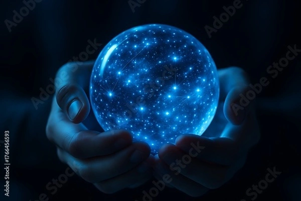 Fototapeta Hands holding glowing sphere of stars representing digital galaxy network data technology innovation connection cosmic design universe future fantasy concept light abstract energy