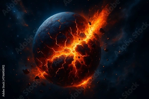 Fototapeta Exploding fiery planet in cosmic space representing destruction apocalypse energy chaos science danger universe explosion climate change and global disaster concept background.