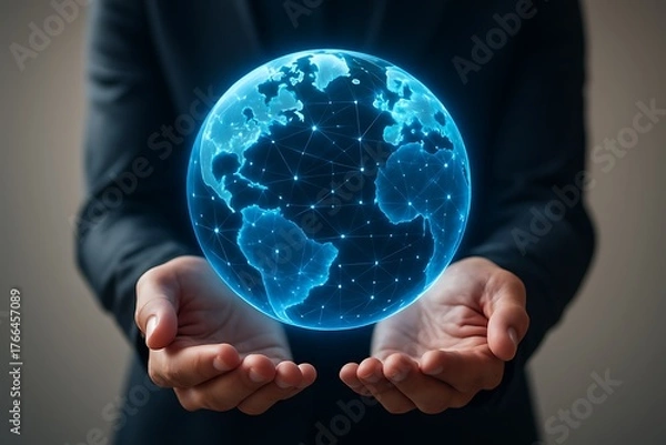 Fototapeta Businessman holding glowing blue globe network symbolizing digital global communication innovation technology future connectivity data transfer concept modern progress visualization earth