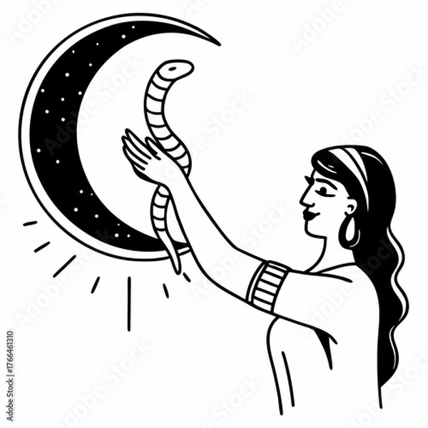 Fototapeta Woman holding serpent in crescent moon with mystic power and calm expression