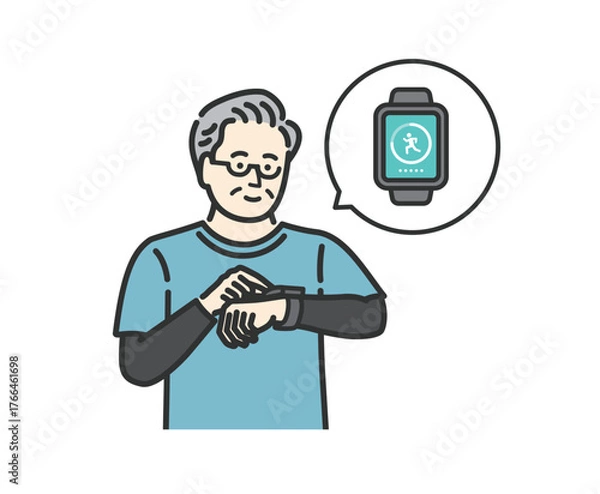 Obraz スマートウォッチで万歩計アプリを確認する中年男性