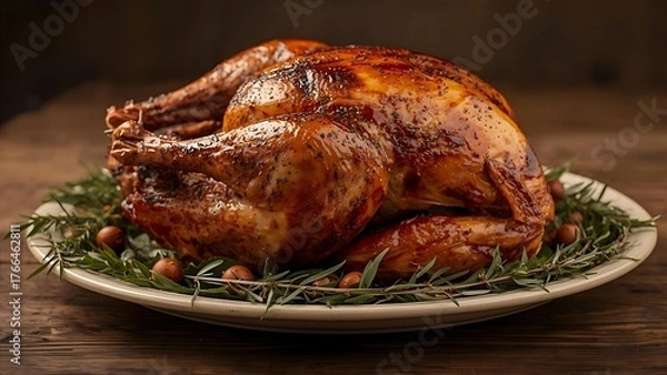 Obraz Roasted Turkey on a Plate with Rosemary and Crab Apples, Golden brown turkey with fresh rosemary and crab apples for a festive feast