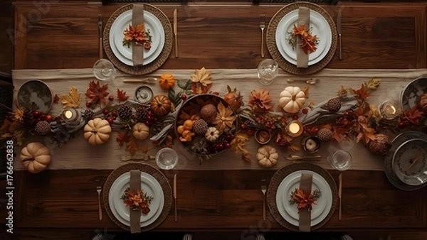 Obraz Autumn Table Setting with Pumpkins and Candles on a Wooden Surface, Thanksgiving Table Decoration with Fall Foliage and Seasonal Accents